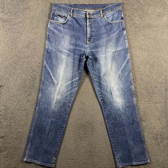 Wrangler Jeans Mens 36x34 Blue Texas Stretch Straight Fit Medium Wash Denim Fade - Picture 1 of 16